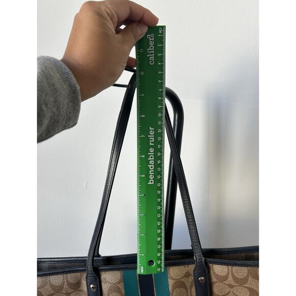 Y2K Coach Signature Monogram Stripes Shoulder Bag Tote Khaki Blue Leather Trim - Picture 12 of 13